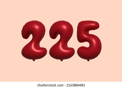 225 3d number balloon made of realistic metallic air balloon 3d rendering. 3D Red helium balloons for sale decoration Party Birthday, Celebrate anniversary, Wedding Holiday. Vector illustration