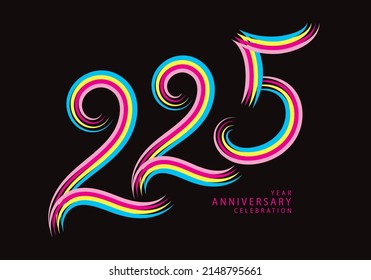 225 number design vector, graphic t shirt, 225 years anniversary celebration logotype colorful line, 225th birthday logo, Banner template, logo number elements for invitation card, poster, t-shirt.