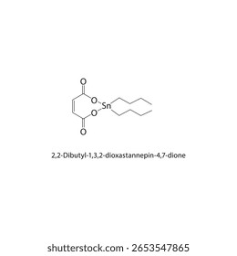 Estrutura esquelética de 2,2-dibutil-1,3,2-dioxastanepina-4,7-diona. Ilustração esquemática do composto organoestânico. Diagrama simples, fórmula química.