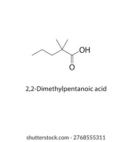 2,2-Dimethylpentanoic acid skeletal structure. carboxylic acid compound schematic illustration. Simple diagram, chemical formula.