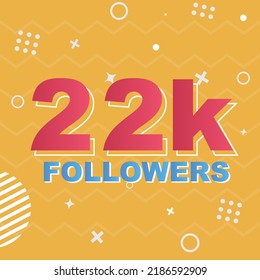 22k Followers Card Celebration Vector. 22000 Followers Congratulation Post Social Media Template. Modern colourful design.