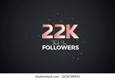 22K isolated on Dark background with sparkling confetti, Thank you followers peoples, golden, Pink number 22K online social group, 23k