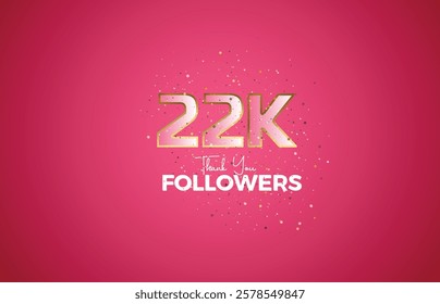 22K isolated on pink background with sparkling confetti, Thank you followers peoples, golden, Pink number 22K online social group, 23k