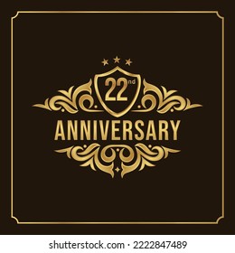 22nd anniversary card. Beautiful greeting banner poster and golden logo with gold text word and gold number.