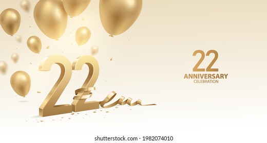 22nd Anniversary celebration background. 3D Golden numbers with bent ribbon, confetti and balloons.
