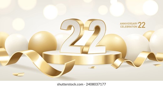 22nd Anniversary celebration background. Golden 3D numbers on round podium with golden ribbons and balloons with bokeh lights in background.
