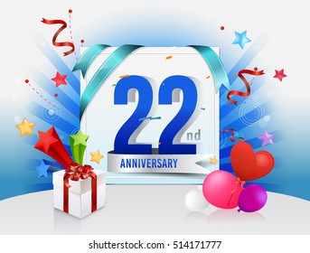 22nd anniversary celebration with colorful confetti and balloon with shiny blue background