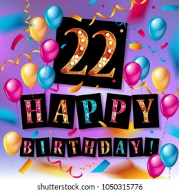 22nd Anniversary Celebration Design, with gift box and balloons, Red ribbon, Colorful Vector template elements for your twenty two years birthday celebration party.