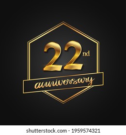 22nd Anniversary Celebration. Anniversary logo with hexagon and elegance golden color isolated on black background, vector design for celebration, invitation card, and greeting card