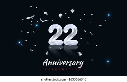 22nd Anniversary celebration. Silver number 22 with sparkling confetti,anniversary event party template vector illustration