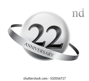 22nd anniversary celebration with silver ring on white isolated background