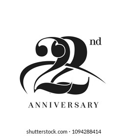 22nd Anniversary Celebration simple monogram Design. pictogram vector icon, simple years birthday logo label, black and white stamp isolated