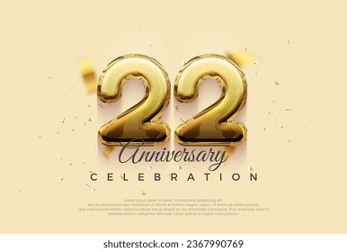 22nd anniversary celebration, vector design with shiny gold balloons illustration. Premium vector background for greeting and celebration.