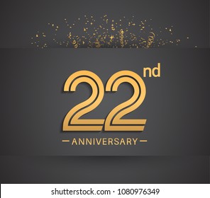22nd anniversary design for company celebration event with golden multiple line and confetti isolated on dark background 