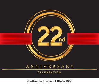 22nd anniversary design logotype golden color with ring and red ribbon for anniversary celebration, elegant design.