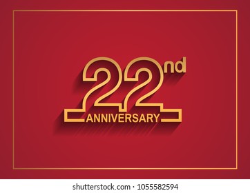 22nd anniversary design with simple line style golden color isolated on red background for celebration event