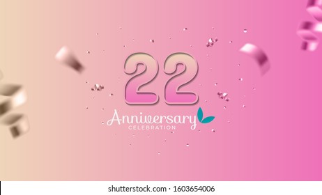22nd anniversary. Gradient pink and yellow Numbers with sparkling confetti. Modern elegant gradient background design vector EPS 10. For wedding party or company event decoration.