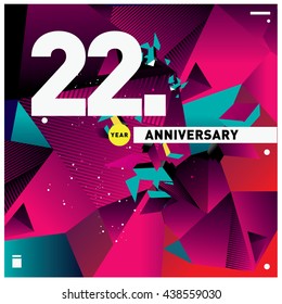 22nd anniversary logo with colorful triangle shape. Anniversary signs illustration. Vibrant colors anniversary logo with geometric shape and triangle shape