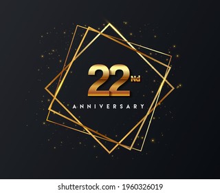 22nd anniversary logo with confetti and golden frame isolated on black background, vector design for greeting card and invitation card.