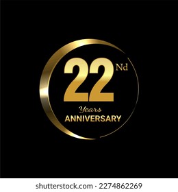 22nd Anniversary logo design with golden number and text for anniversary celebration event, invitation, wedding, greeting card, banner, poster, flyer, brochure, book cover. Logo Vector Template.