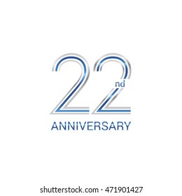 22nd anniversary logo design uses three lines which form the numbers.  years anniversary signs . Silver and blue color anniversary