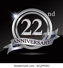 22nd anniversary logo with silver ring and ribbon. Vector design template elements for your birthday celebration.