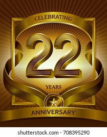 22nd anniversary logo. Vector and illustration shiny gold ribbon