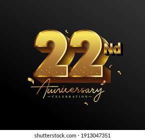 22nd Anniversary Logotype with Gold Confetti Isolated on Black Background, Vector Design for Greeting Card and Invitation Card