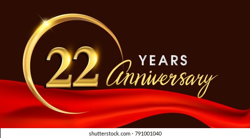 Logotipo del 22do aniversario con el anillo de oro aislado en el fondo elegante de la cinta roja, diseño del Vector para la celebración del cumpleaños, tarjeta de felicitación y tarjeta de la invitación.