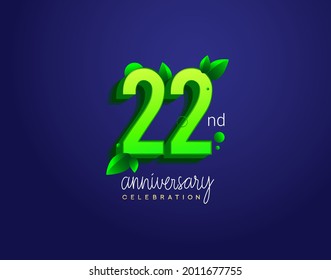 22nd anniversary logotype with leaf and green colored, isolated on blue background.