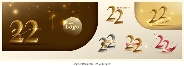 22nd anniversary logotype modern gold number with shiny ribbon. alternative logo number Golden anniversary celebration