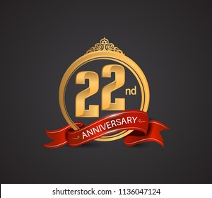 22nd anniversary logotype style design luxury  golden color and ornament with warp red ribbon for company celebration event
