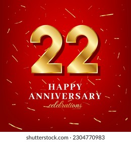 22. Jubiläum-Vektorvorlage mit goldener Zahl und goldener Konfetti auf rotem Hintergrund