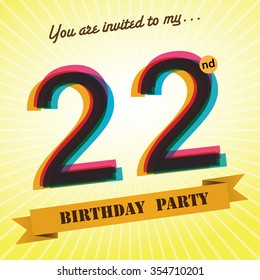 22nd Birthday party invite / template design in retro style - Vector Background