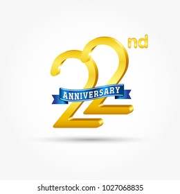 22nd golden Anniversary logo with blue ribbon isolated on white background. 3d gold 22nd Anniversary logo