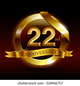 22nd golden anniversary logo with ring and ribbon, on black background vector design.