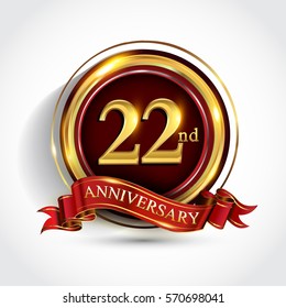 22nd golden anniversary logo, twenty two years birthday celebration with ring and red ribbon isolated on white background
