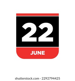 22nd June Calendar date vector icon. 22 June lettering.