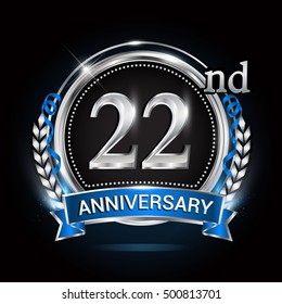 22nd silver anniversary logo with blue ribbon and ring.