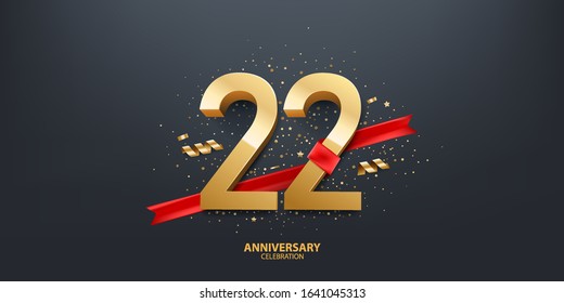 22nd Year anniversary celebration background. 3D Golden number wrapped with red ribbon and confetti on black background.
