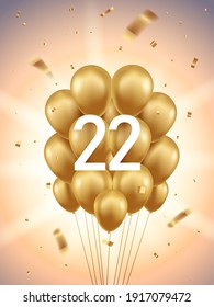 22nd Year anniversary celebration background. Golden balloons and confetti with sunbeams in background.
