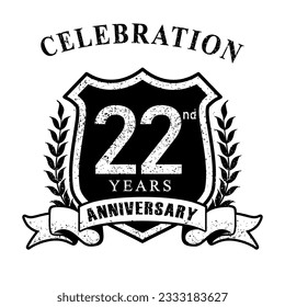 22nd years anniversary logo vintage style black and white. Vector illustration.