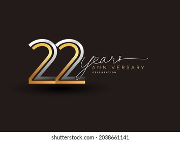 22nd years anniversary logotype with multiple line silver and golden color isolated on black background for celebration event.