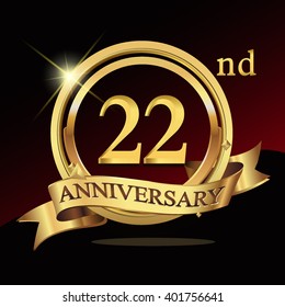22nd years golden anniversary logo celebration with ring and ribbon. Vector template elements for your birthday party..