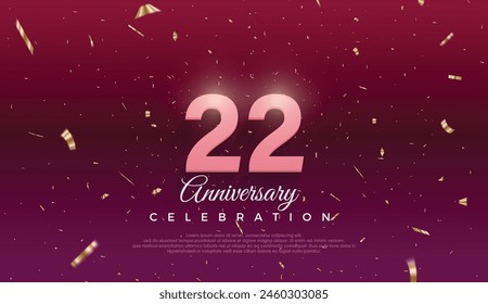 22th Anniversary celebration, 22 Anniversary celebration, Dark purple background, festive illustration,Realistic 3d sign, stars, Pink number with red ribbon 22 sparkling confetti, 22,23
