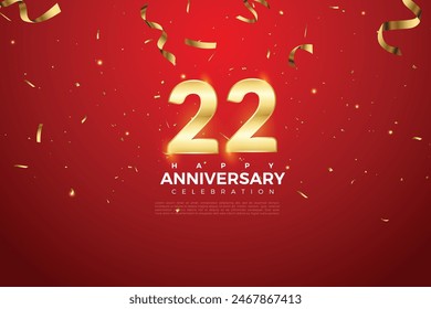 22th Anniversary celebration, 22 Anniversary celebration On Red background for celebration event, festive illustration, Golden number 22 sparkling confetti, 22,23 
