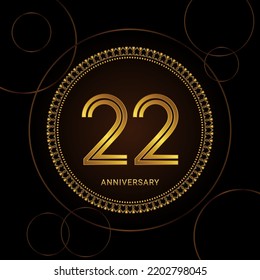 22th Anniversary Celebration with golden text and ring, Golden anniversary vector template
