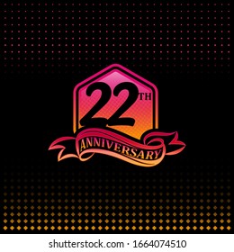 22th anniversary celebration logotype pink and yellow colored. 
twenty-two years birthday logo on black background.