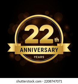 22th anniversary, anniversary celebration template design with gold ribbon. Logo vector illustration