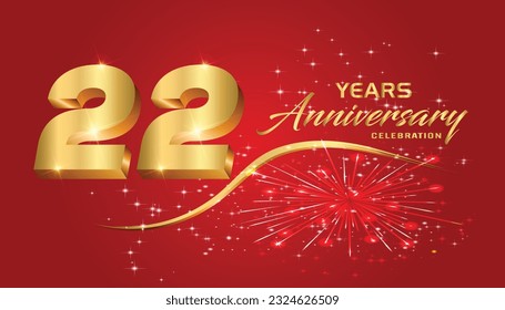 22th Anniversary fireworks and celebration background.Golden 3D lettering and a gold ribbon on dark red background,vector design for celebration, invitation card, and greeting card.